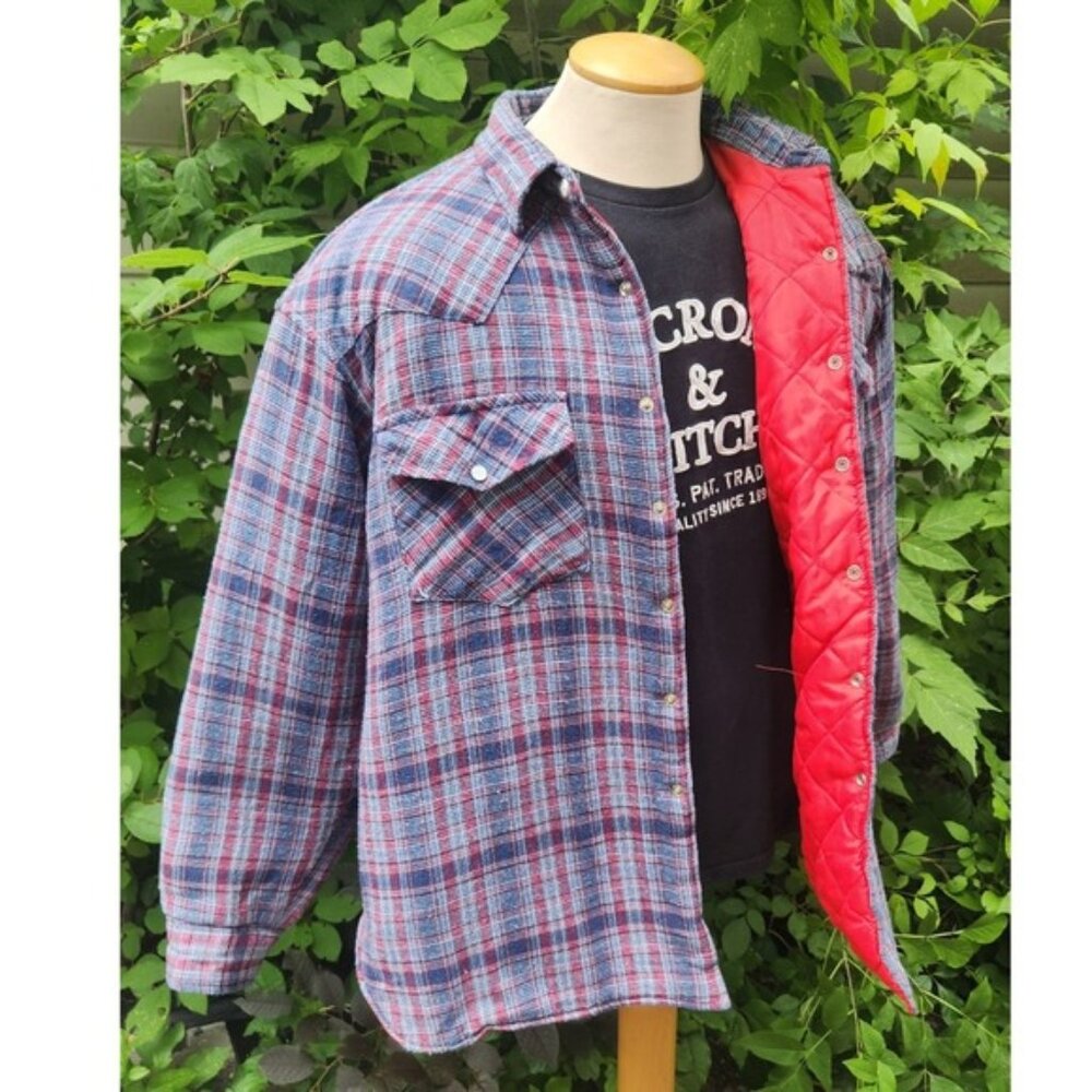Vintage y2k Quilted Blue/Red‎ Flannel Chore Jacket Western Plaid Snap Button
